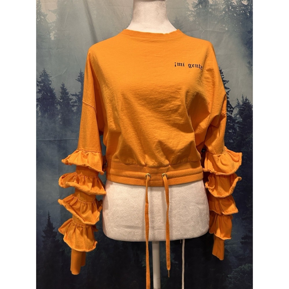 Mi Gente Converse Cropped Shirt Ruffled Long Sleeve Drawstring Orange Womens M